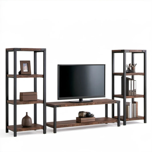 3-elementowy zestaw RTV z 2 regałami, brąz rustykalny/czarny, szafka 180 × 40 × 50 cm, regały 40 × 30 × 150 cm