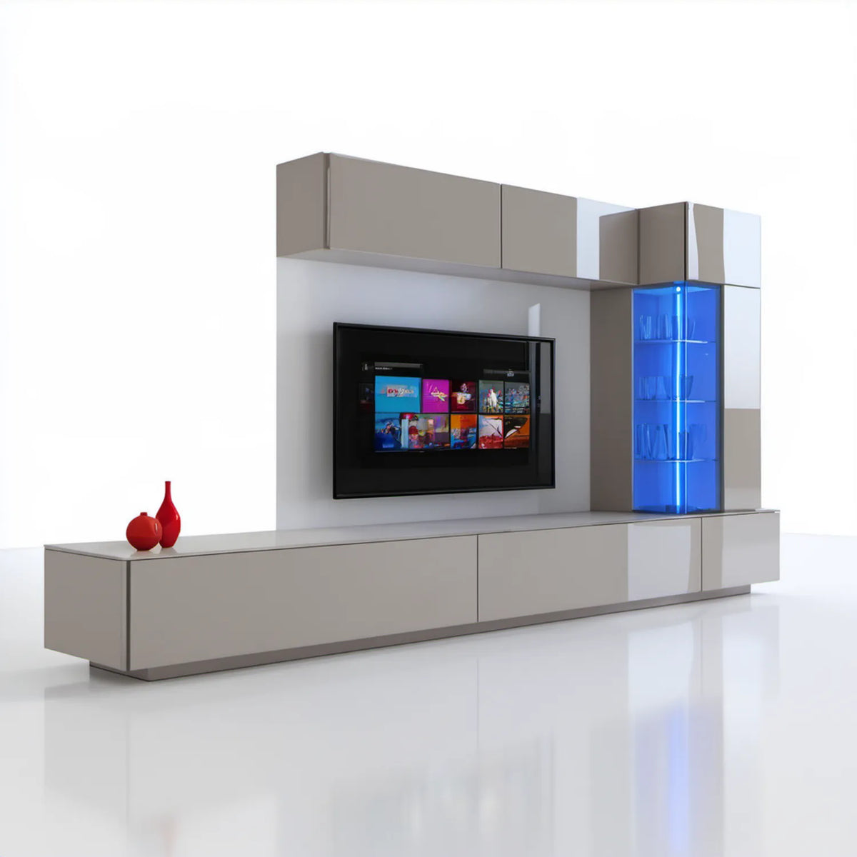 Meblościanka RTV szaro-biała z witryną LED, 300 x 40 x 200 cm