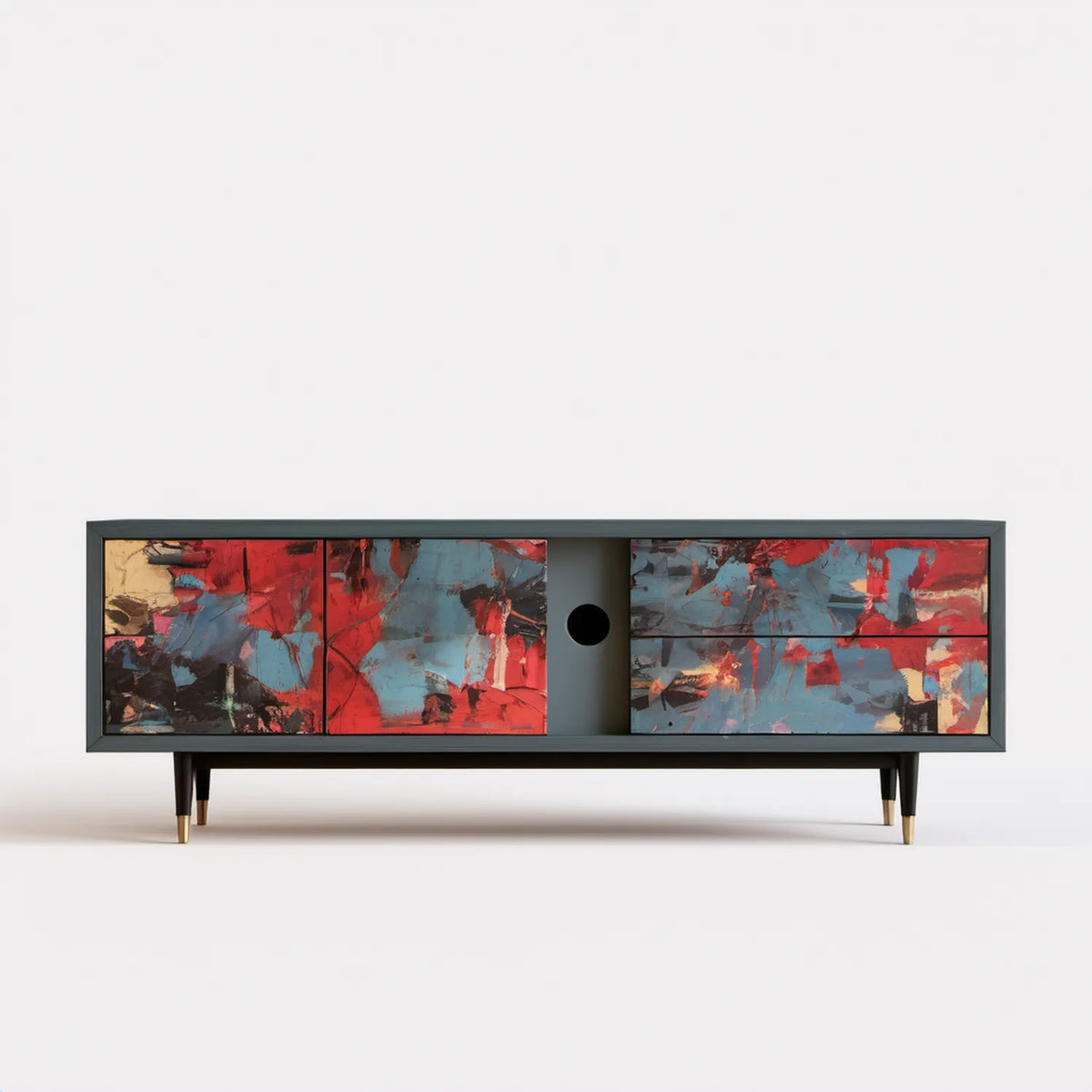 Czarna szafka RTV 160 x 40 x 60 cm z abstrakcyjnym wzorem