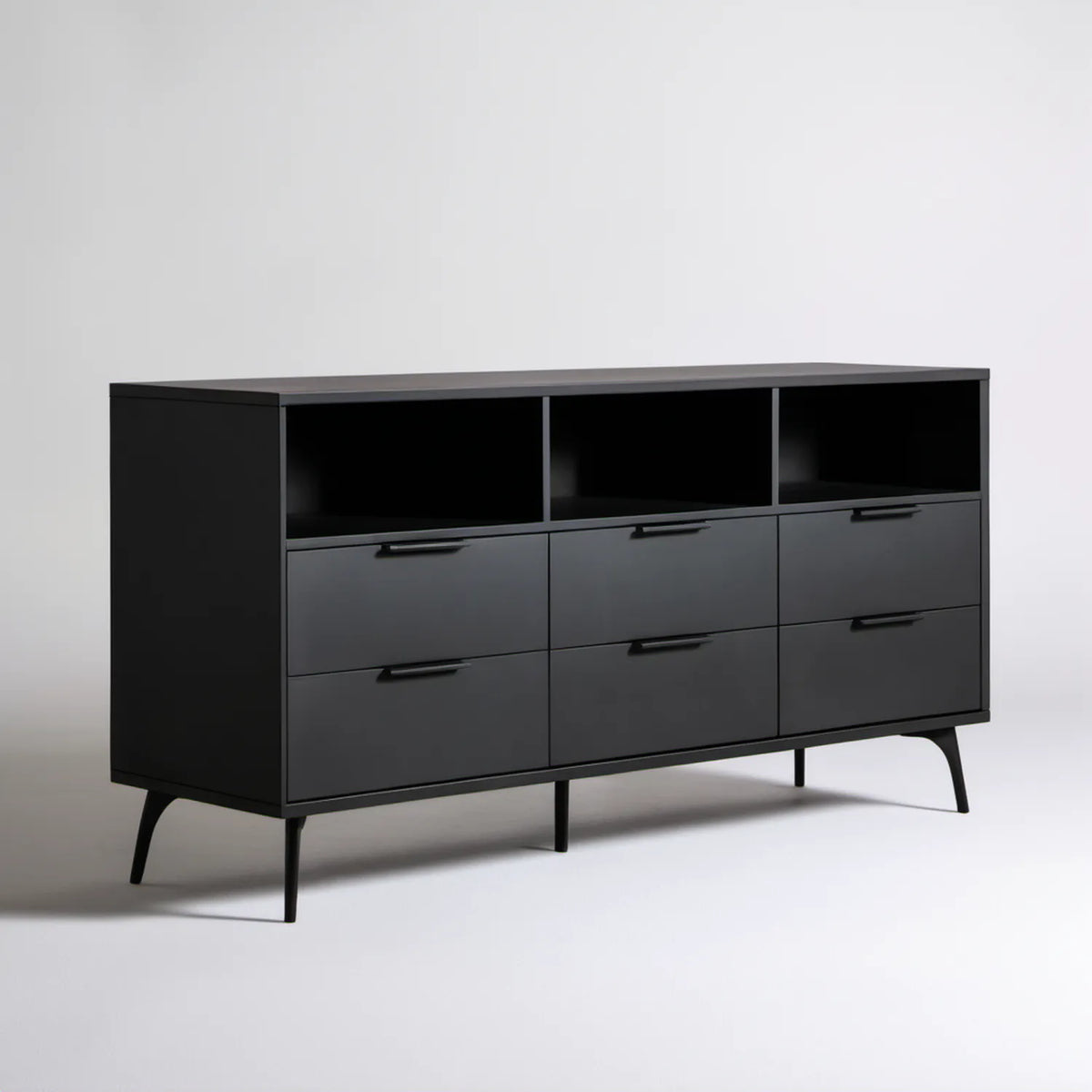 Czarna szafka RTV z 6 szufladami i 3 wnękami, 160 × 40 × 80 cm