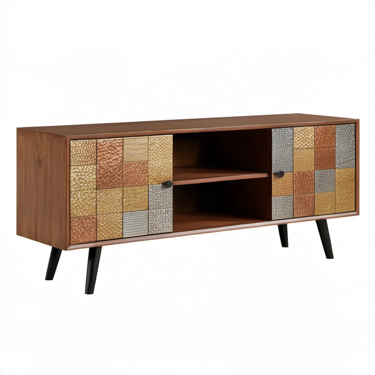 Komoda RTV retro 120 x 40 x 60 cm brązowa ze złotymi, miedzianymi i srebrnymi frontami